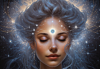 Close-up portrait of a woman with eyes closed, a luminous third eye glowing on her forehead, subtle constellations around her head, hair flowing like water, serene and dreamlike.