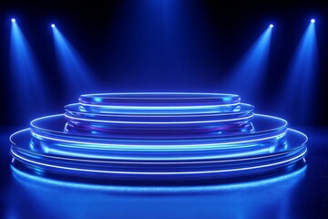 A gaming and metaverse background is centered around a blue, round stage complete with spotlights