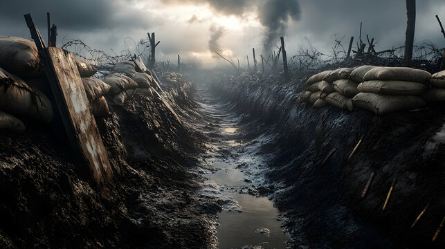 World war i trench battlefield under gloomy skies and barbed wire