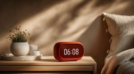 Red digital alarm clock on a bedside table,morning light,minimalist interior design