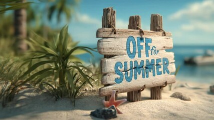 Sign announcing summer break on sandy beach with ocean view and palm trees in the background, perfect for vacation vibes