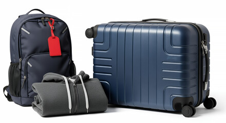 Travel luggage including a suitcase, backpack, and folded hoodie for vacation