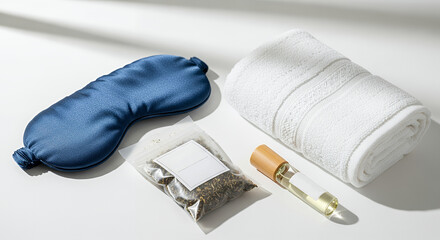 Relaxation kit with eye mask, herbal tea, essential oil, and towel on a light surface