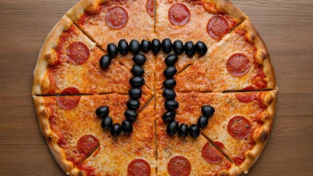 Pepperoni pizza topped with black olives arranged as pi symbol, possibly celebrating Pi Day