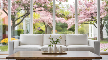 Bright and airy modern living room with natural sunlight and blooming garden visible through large windows