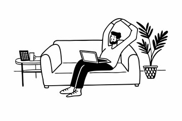 Businessman in casual is sitting comfortable sofa to stretching his arms and shoulder pain from office syndrome while using laptop to working and typing information business project at home