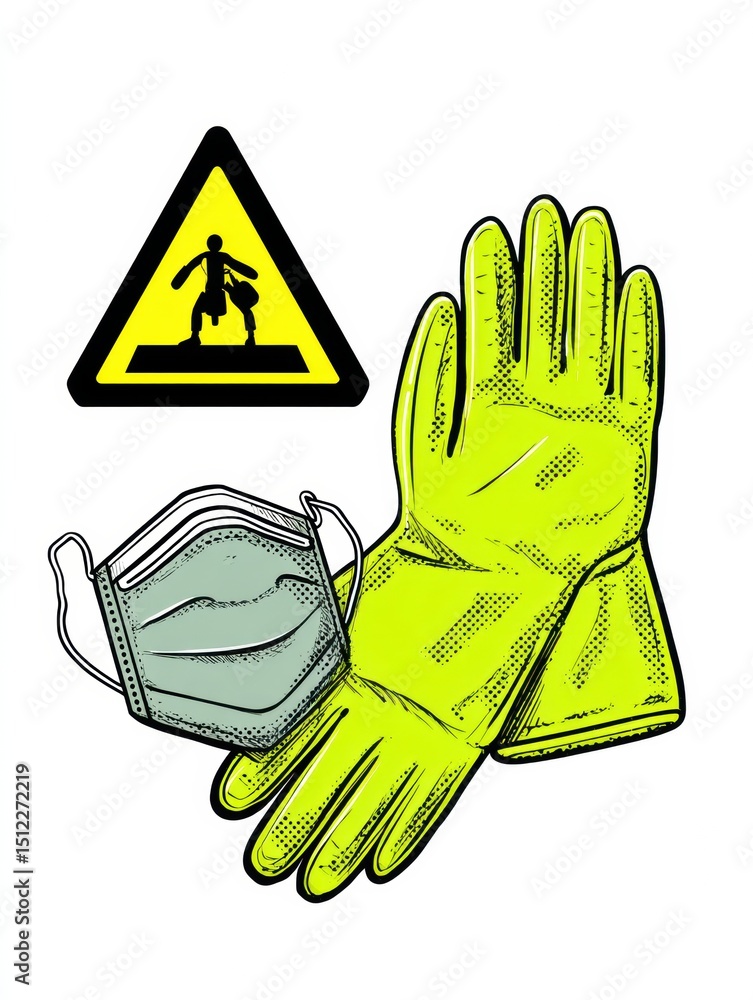 Poster safety gear including gloves and mask positioned next to a warning banner in a bright and informativ