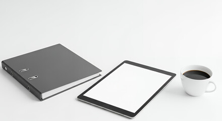 Gray binder, tablet with blank screen, and cup of coffee on a minimal desk 