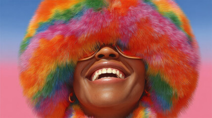 Brightly colored fur hat brings joy and pride in a whimsical sky setting with a vibrant pink backdrop