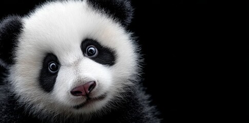 Naklejka premium A panda is showcased against a black backdrop, highlighting its majestic appearance in a wildlife and conservation context with room for text