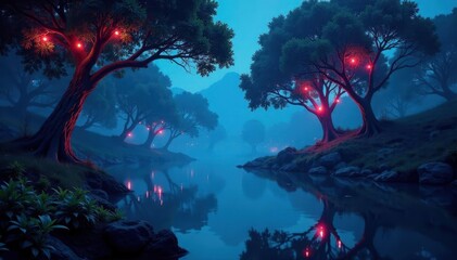 Fototapeta premium Bioluminescent canopy, shimmering water, peaceful scene , woods, dark