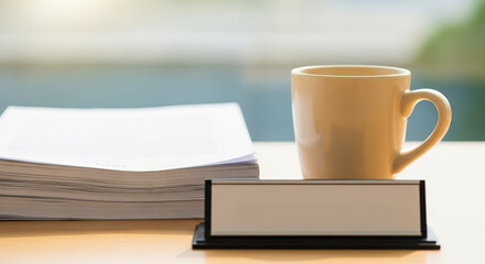 Naklejka premium Stack of documents with a coffee cup and nameplate on a desk