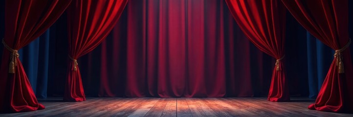 Red & blue velvet curtains frame aged wooden circus stage , material, photo