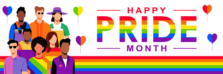 Celebrate LGBT Pride Month 2025 With people of different races and Colorful Rainbow Pride Background. Best for Banners, Greeting Cards, Posters and Social Media. Vector Illustrations.