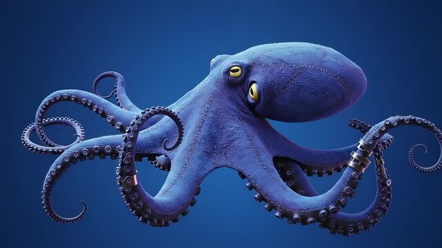 A vibrant blue octopus gracefully swimming in a deep ocean backdrop, showcasing its unique anatomy