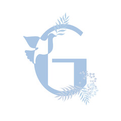 Tender blue peace family monogram. Latin letter G with dove and palm leaves on white background