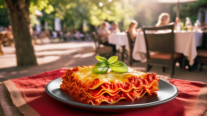Plate of lasagna on outdoor restaurant table with people in background.