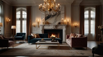 Luxurious living room with fireplace and grand chandelier
