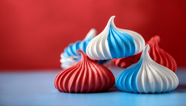 White, red and blue sweet sugar meringueson blue table on red background with copy space. Generated image