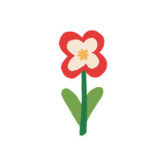 A simple, trendy flower design with a red petal bloom, yellow center, and green leaves. The style is naive and colorful, suitable for modern decor.