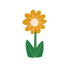 A simple, trendy flower with a yellow bloom and green leaves. The flower has a round center and stylized petals, representing a naive art style.