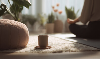 A peaceful atmosphere filled with soft light, featuring a person meditating near a warm cup and potted plants, symbolizing calm and focus