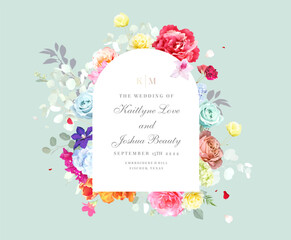 Colorful floral vector design frame. Blue and beige roses, purple clematis, magenta red peony, tulips, tropical flowers, greenery and plants card. All flowers and branches are isolated and movable