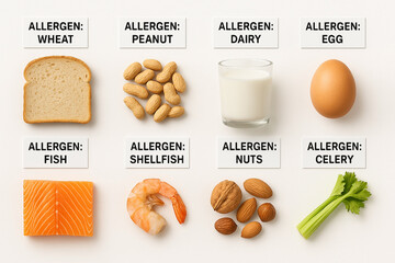 Food allergen classification visual for quality control in food engineering showing wheat, peanuts, dairy, egg, fish, shellfish, nuts, and celery on white background..