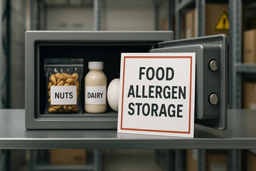 Food allergen storage inside secure metal cabinet containing labeled containers of nuts, dairy, and egg to prevent contamination in food quality control facilities..