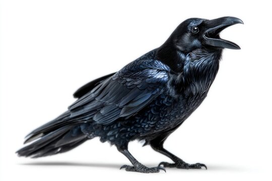 A forest clearing provides a natural habitat for a cawing raven and other wildlife to engage in typical bird behavior, as seen in a close-up