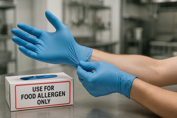 Food allergen handling procedure using blue gloves in controlled food engineering environment with specific allergen-only labeling for hygienic contamination prevention..
