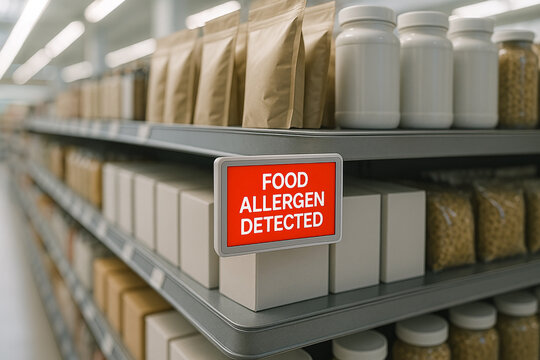 Food allergen detected warning on digital sign in retail shelf with various packaged products in food engineering and safety control environment under HACCP standards..