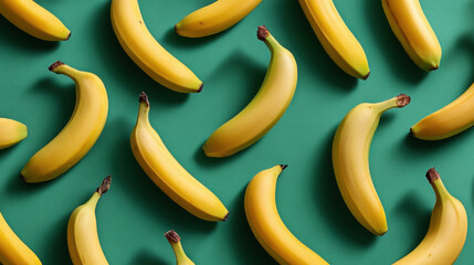 Bright yellow bananas scattered across a vibrant green background, creating a lively and cheerful atmosphere perfect for a tropical theme party or fruit market setting