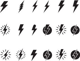 Lightning bolt icons set, black outline of flash lightning bolt icon vector illustration. Energy, power symbol.