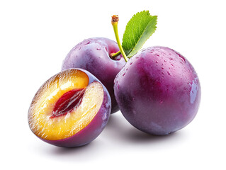 Ripe purple plums with one cut open, showing juicy interior and seed isolated on white background