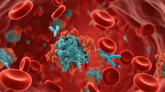3D illustration of antibodies attacking cancer or virus cells in bloodstream