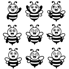 Obraz premium Nine Cute Cartoon Bees in Black and White