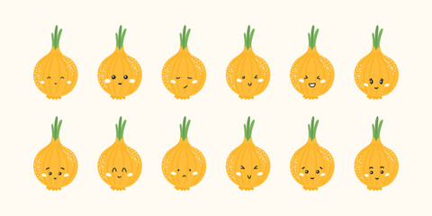 Cute kawaii onion vector stickers with funny faces and emotions: happy, sad, angry, surprised. Flat characters for kids, education, and healthy eating designs