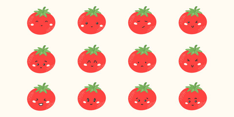 Cute kawaii tomato vector stickers with funny faces and emotions: happy, sad, angry, surprised. Flat characters for kids, education, and healthy eating designs