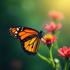 Fototapeta premium Monarch butterfly wings spread wide, nectaring on vibrant milkweed bloom , wings, close-up