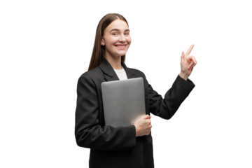 Young professional woman presenting an idea while holding a laptop in a minimalistic environment