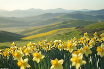 Fototapeta premium Field of yellow daffodils in green rolling hills landscape