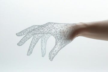 A close-up of a human hand and a virtual wireframe hand almost touching, illustrating the concept of digital evolution and technological integration