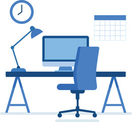 Modern office workspace featuring desk, computer, desk lamp, clock, and calendar, creating productive atmosphere