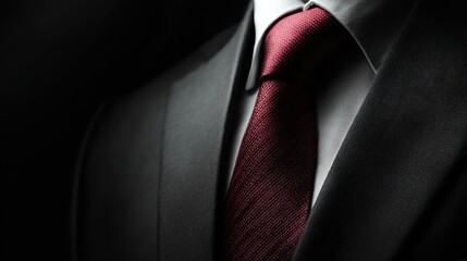 Dark Elegance: A Close-Up of a Burgundy Tie and Dark Suit