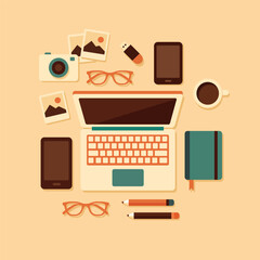 Workspace setup featuring laptop, smartphone, camera, coffee cup, and stationery items, creating cozy and productive atmosphere