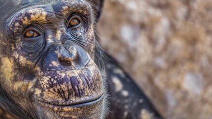 The amber iris of a primate's eye is prominently featured in an extreme closeup, representing the conservation of endangered species and the interconnectedness of human and natural worlds