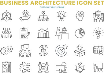 Fototapeta premium Business architecture icon set, company, management, system, project, strategy, customizable stroke, vector, illustration