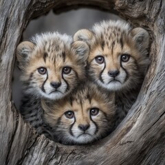 Fototapeta premium Three cheetah cubs are visible from a tree hollow within a wildlife sanctuary set against a natural background highlighting conservation efforts