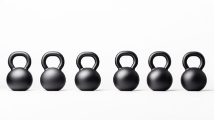Set of six black kettlebells on a transparent background